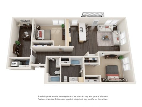 Floor plan for 2 beds, 2 baths, 1278 sqft